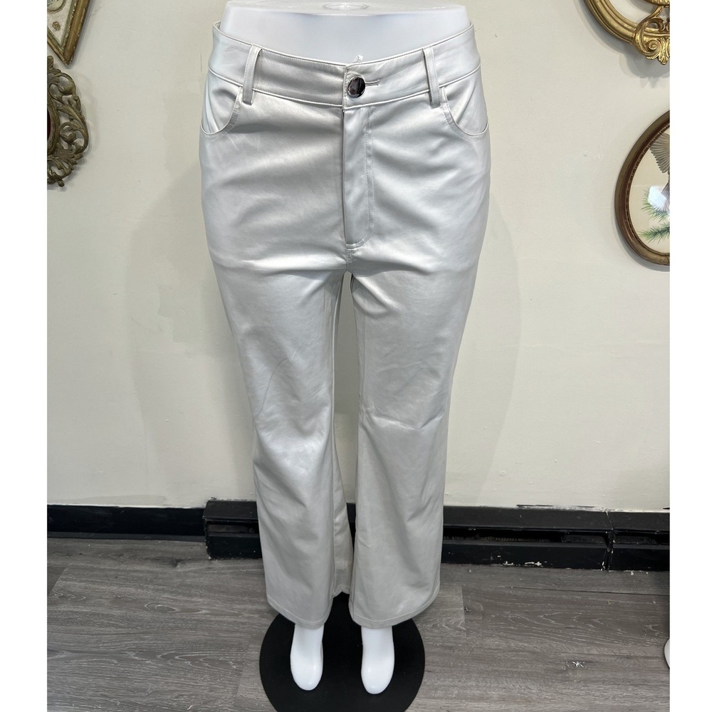 Pink Lily Metallic Silver Shiny Pants Faux Leather Straight Leg Size M